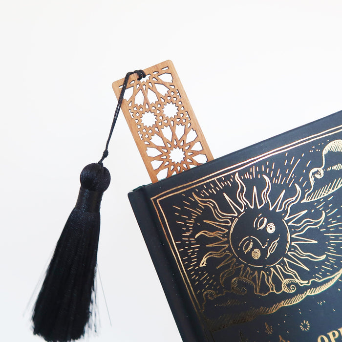Walnut Wood Mandala Moon Bookmark with Tassel - coppermoonboutique