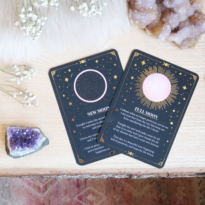 Moonstone Engraved Moonphase Altar Card Stand with Soy Candles - coppermoonboutique