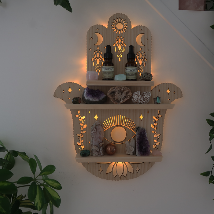 Light Wood Hamsa Hand Light Up Shelf
