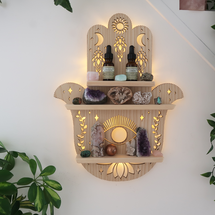 Light Wood Hamsa Hand Light Up Shelf