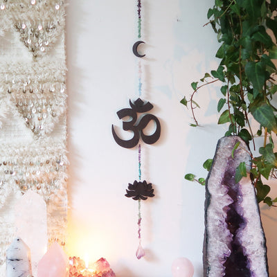 Lotus, OM and Moon Rainbow Gemstone Wall Hanging - coppermoonboutique