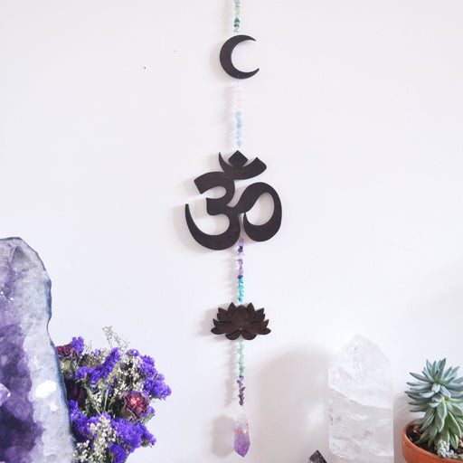 Lotus, OM and Moon Rainbow Gemstone Wall Hanging - coppermoonboutique
