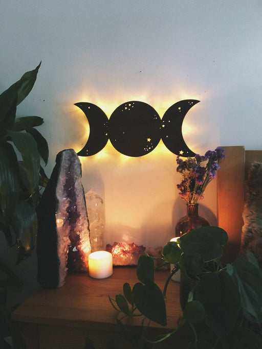 Triple Goddess Moon Wooden Wall Lamp - coppermoonboutique